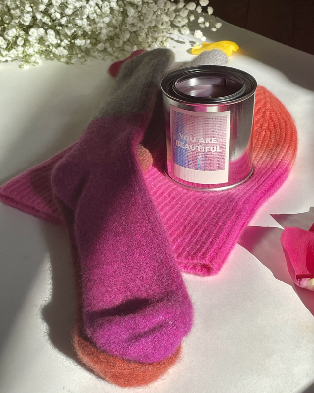 Wonderland x Marea Clothing for Ali Forney | YOU ARE BEAUTIFUL scented candle + Cashmere Socks