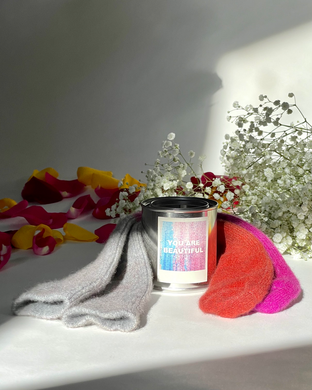 Wonderland x Marea Clothing for Ali Forney | YOU ARE BEAUTIFUL scented candle + Cashmere Socks